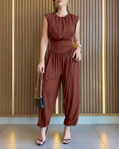 Elegant Casual Ruched Jumpsuit with Adjustable Straps & Pockets - Jamota
