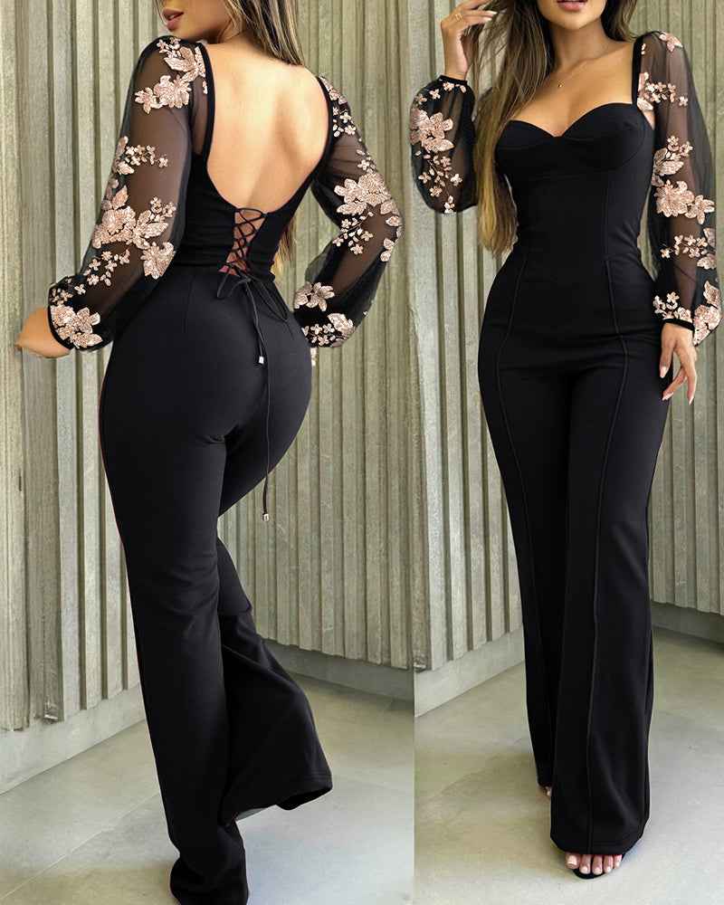 Elegant Flared Jumpsuit with Pockets and Adjustable Straps - Jamota