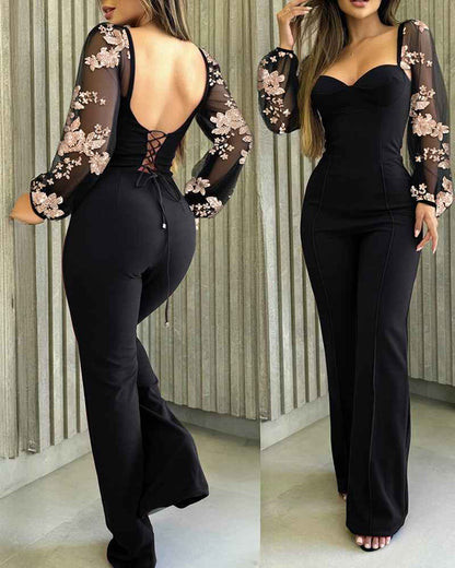 Elegant Flared Jumpsuit with Pockets and Adjustable Straps - Jamota