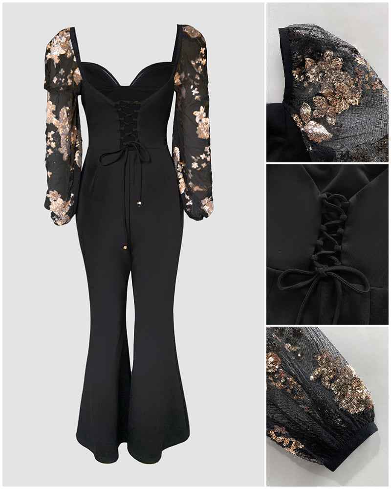 Elegant Flared Jumpsuit with Pockets and Adjustable Straps - Jamota