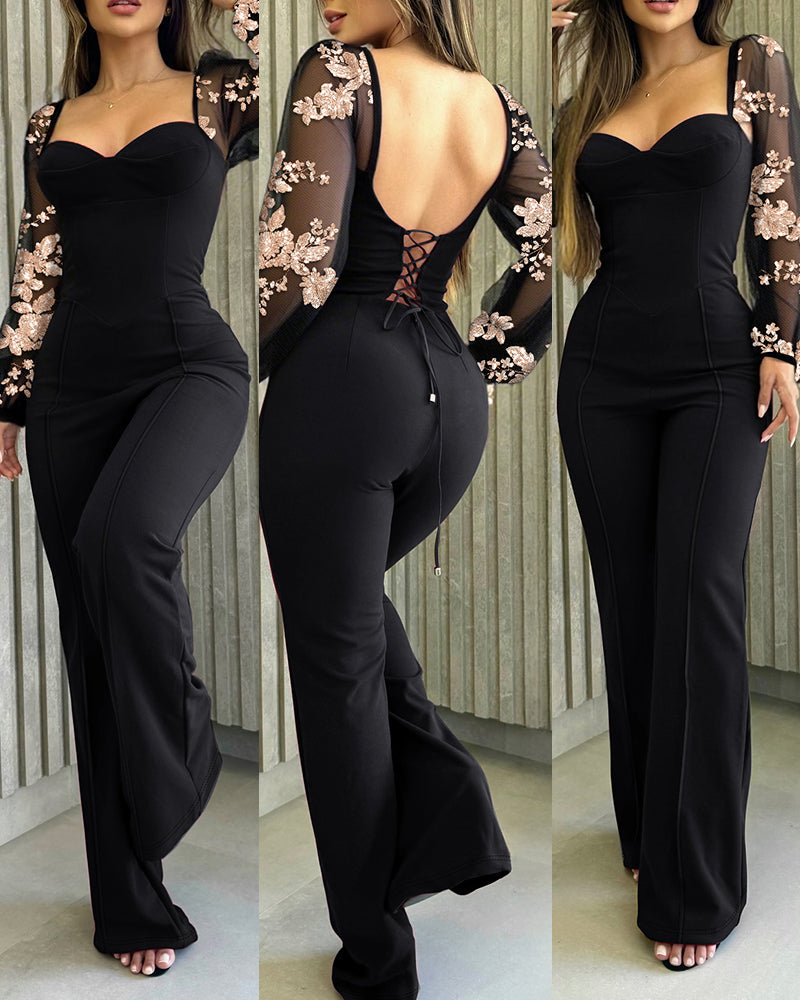 Elegant Flared Jumpsuit with Pockets and Adjustable Straps - Jamota