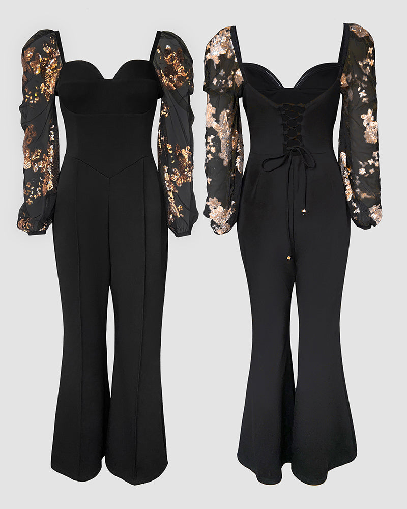 Elegant Flared Jumpsuit with Pockets and Adjustable Straps - Jamota