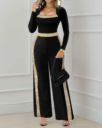 Elegant Gold Sequin Jumpsuit with Flattering Fit and Adjustable Straps