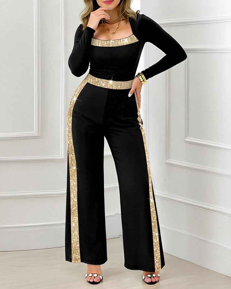 Elegant Gold Sequin Jumpsuit with Flattering Fit and Adjustable Straps