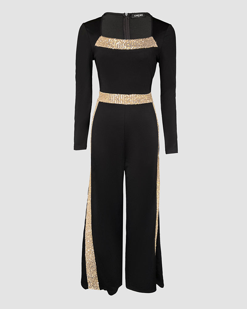 Elegant Gold Sequin Jumpsuit with Flattering Fit and Adjustable Straps
