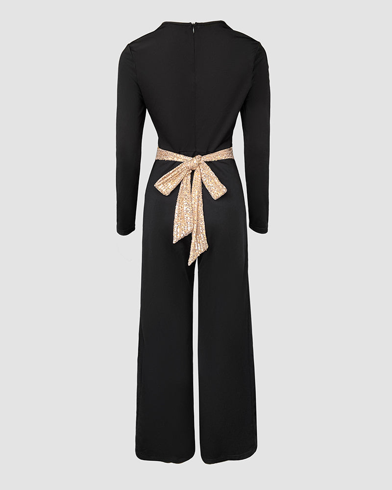 Elegant Gold Sequin Jumpsuit with Flattering Fit and Adjustable Straps