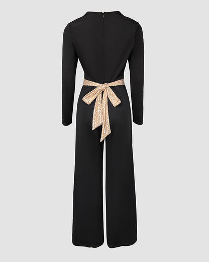 Elegant Gold Sequin Jumpsuit with Flattering Fit and Adjustable Straps