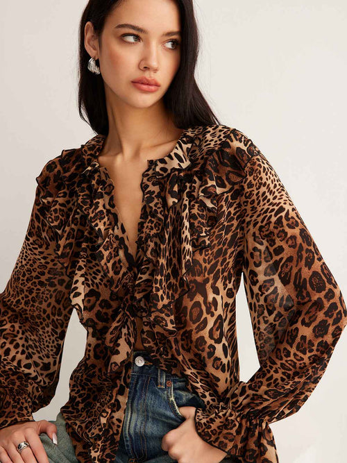Elegant Lightweight Leopard Print Blouse with Short Sleeves & Breathab - Jamota