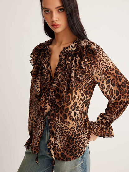 Elegant Lightweight Leopard Print Blouse with Short Sleeves & Breathab - Jamota