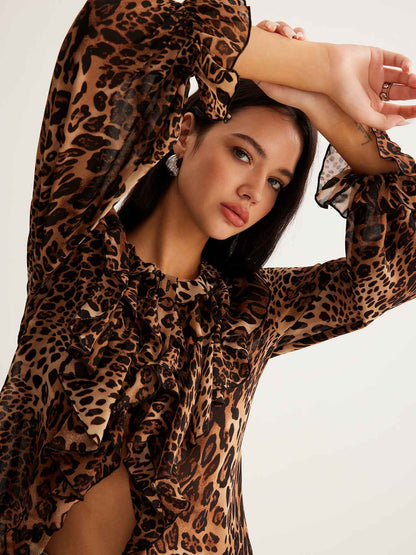 Elegant Lightweight Leopard Print Blouse with Short Sleeves & Breathab - Jamota