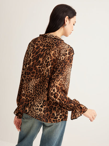 Elegant Lightweight Leopard Print Blouse with Short Sleeves & Breathab - Jamota