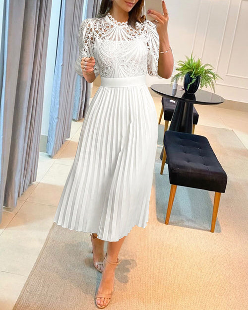 Elegant Pleated Lace Wedding Guest Dress with Cap Sleeves & Midi Lengt - Jamota