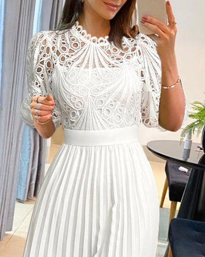 Elegant Pleated Lace Wedding Guest Dress with Cap Sleeves & Midi Lengt - Jamota