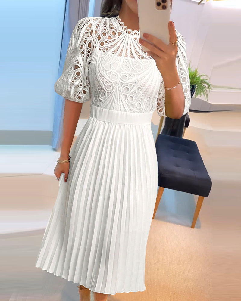 Elegant Pleated Lace Wedding Guest Dress with Cap Sleeves & Midi Lengt - Jamota