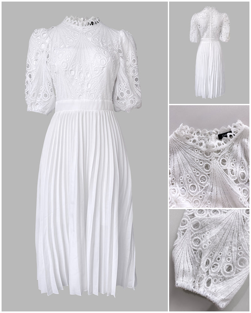 Elegant Pleated Lace Wedding Guest Dress with Cap Sleeves & Midi Lengt - Jamota