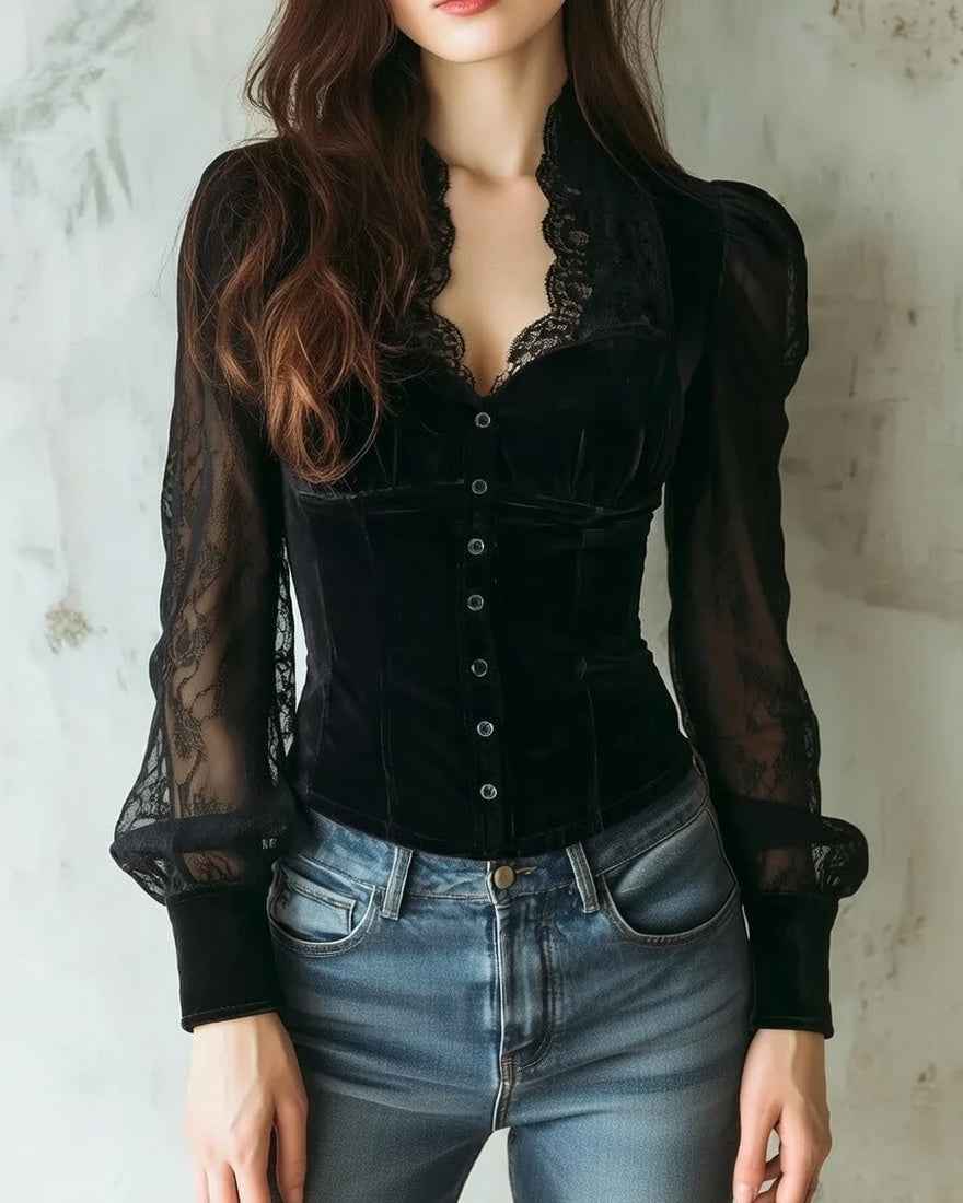 Elegant Sheer Lace Blouse for Women - Long Sleeve, Lightweight Design - Jamota