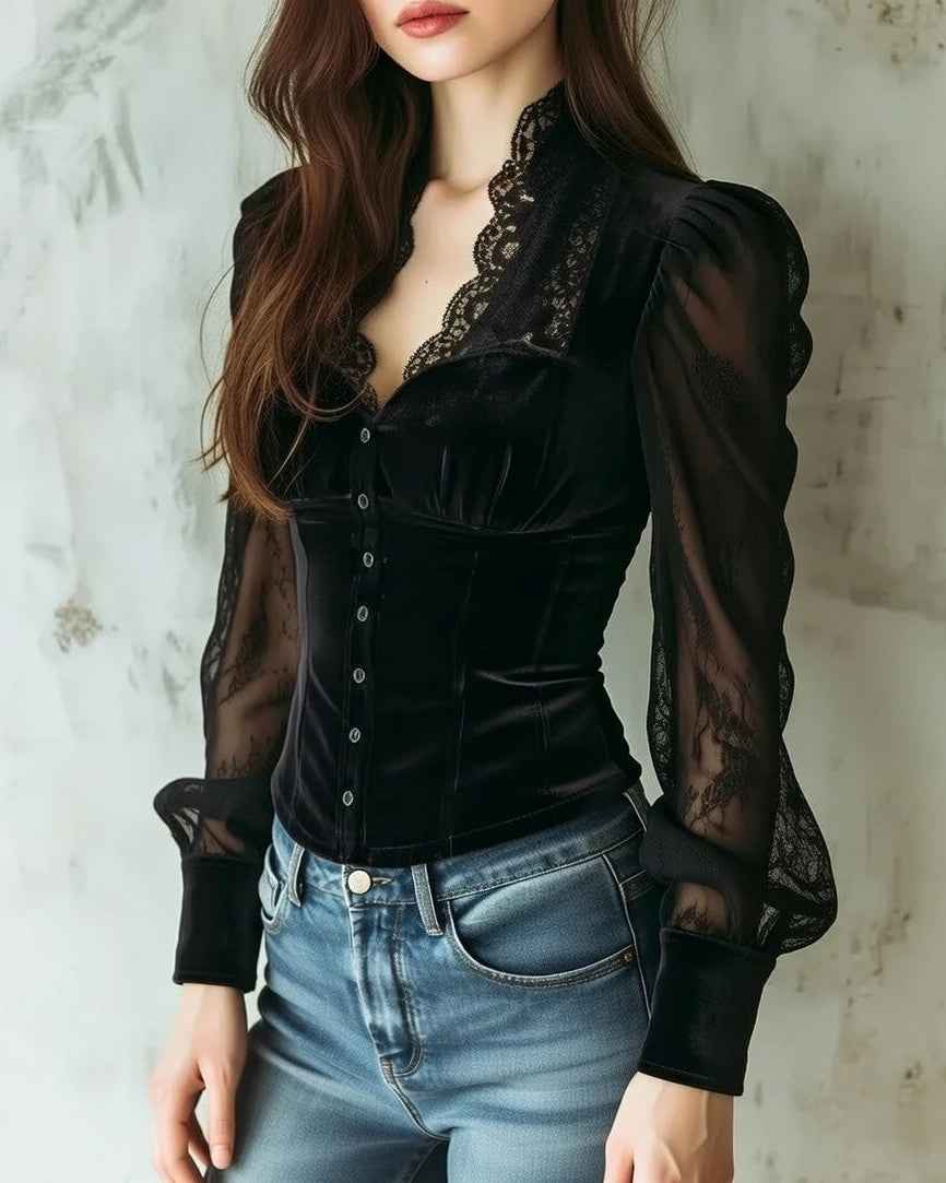 Elegant Sheer Lace Blouse for Women - Long Sleeve, Lightweight Design - Jamota