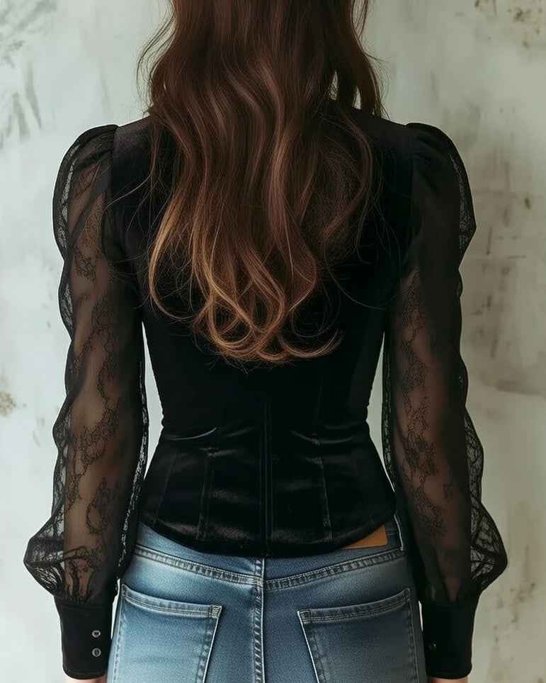 Elegant Sheer Lace Blouse for Women - Long Sleeve, Lightweight Design - Jamota