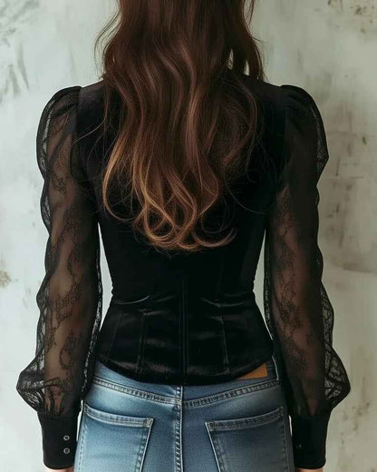 Elegant Sheer Lace Blouse for Women - Long Sleeve, Lightweight Design - Jamota