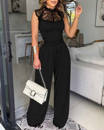Elegant Sleeveless Lace Jumpsuit with Pockets & Adjustable Straps