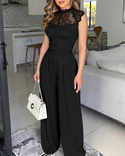 Elegant Sleeveless Lace Jumpsuit with Pockets & Adjustable Straps
