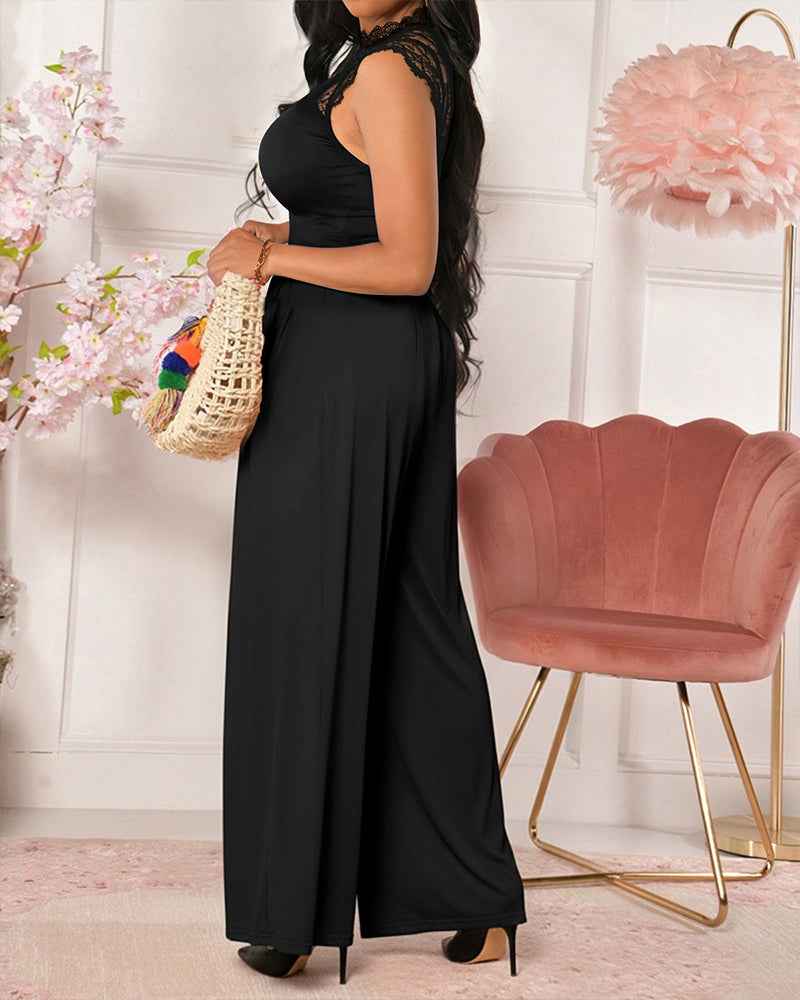 Elegant Sleeveless Lace Jumpsuit with Pockets & Adjustable Straps