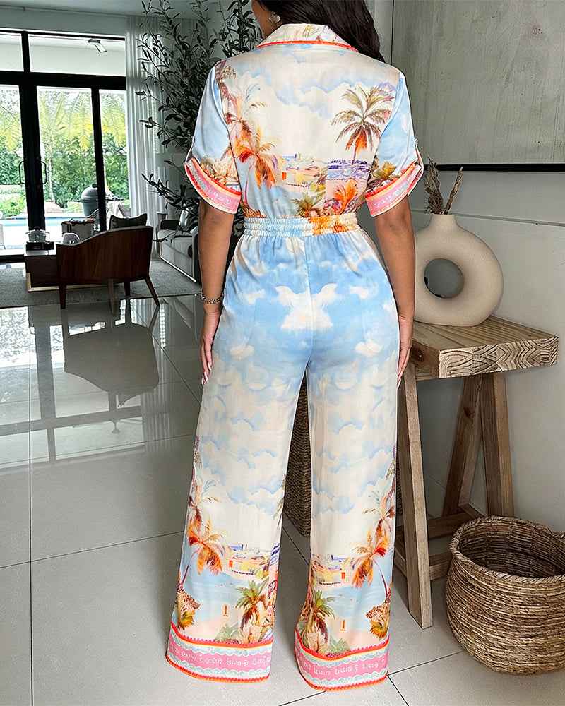 Elegant Tropical Print Jumpsuit with Flattering Fit and Pockets