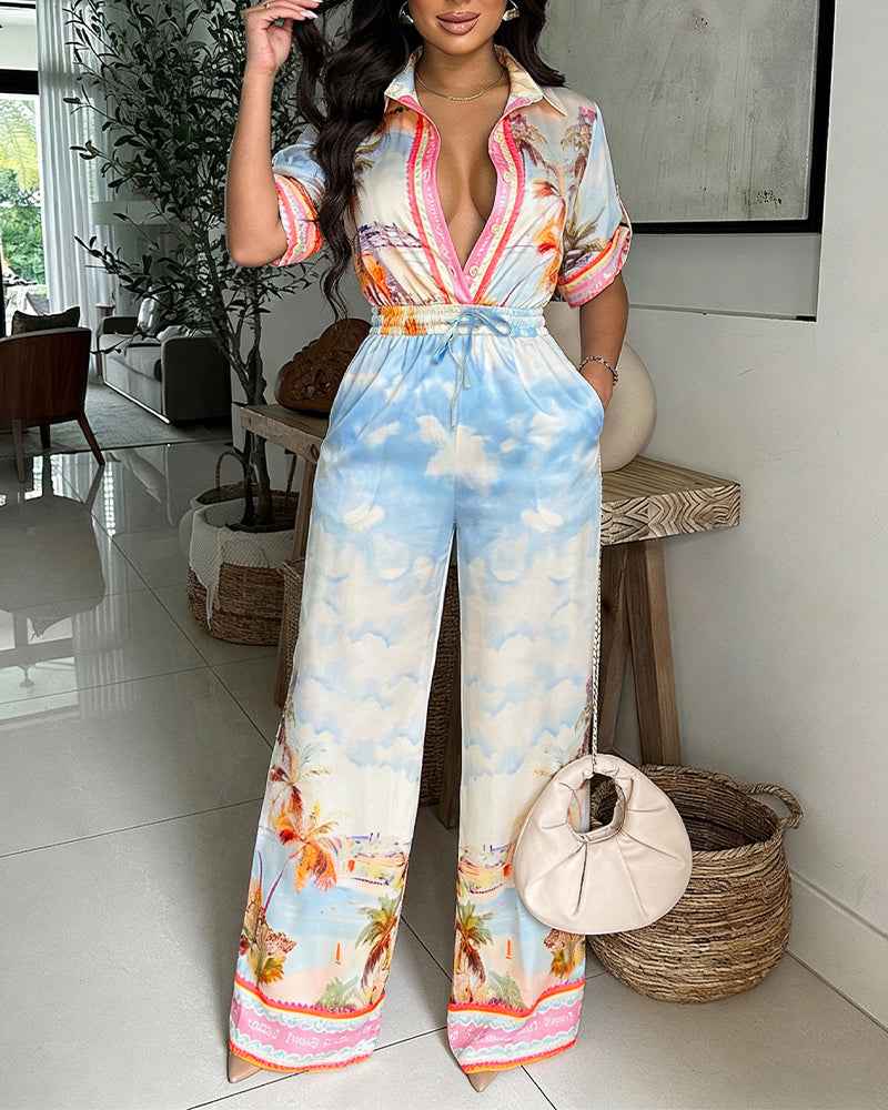 Elegant Tropical Print Jumpsuit with Flattering Fit and Pockets