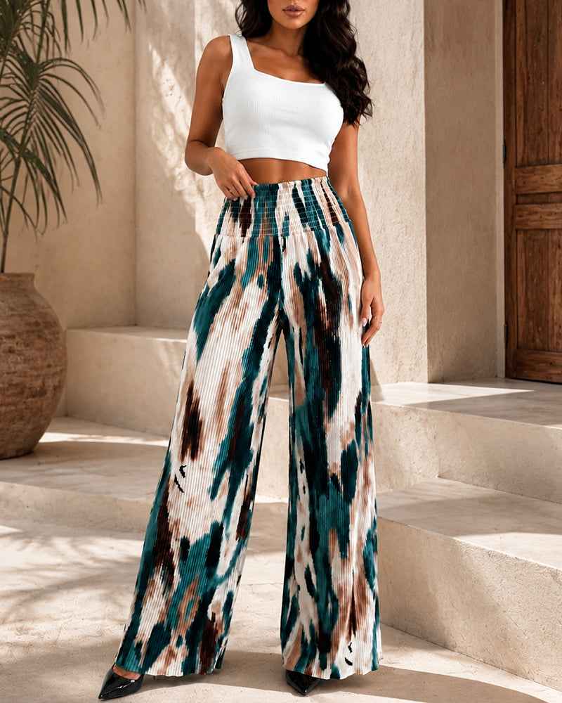 Tie Dye Pleated Wide Leg Pants with High Waist and Elastic Waistband