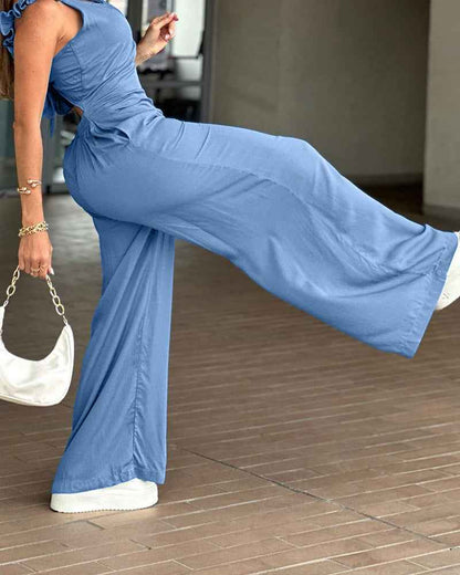 Breezy Elegant Wide Leg Jumpsuit with Adjustable Straps & Pockets