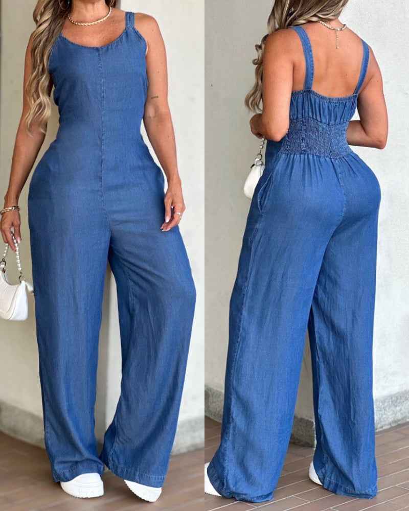 Stylish Comfortable Denim Jumpsuit with Adjustable Straps and Pockets - Jamota