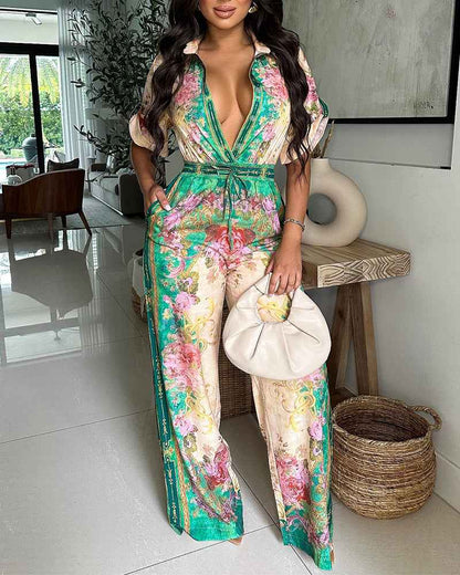 Stylish Floral Print Casual Jumpsuit with Adjustable Straps & Pockets - Jamota