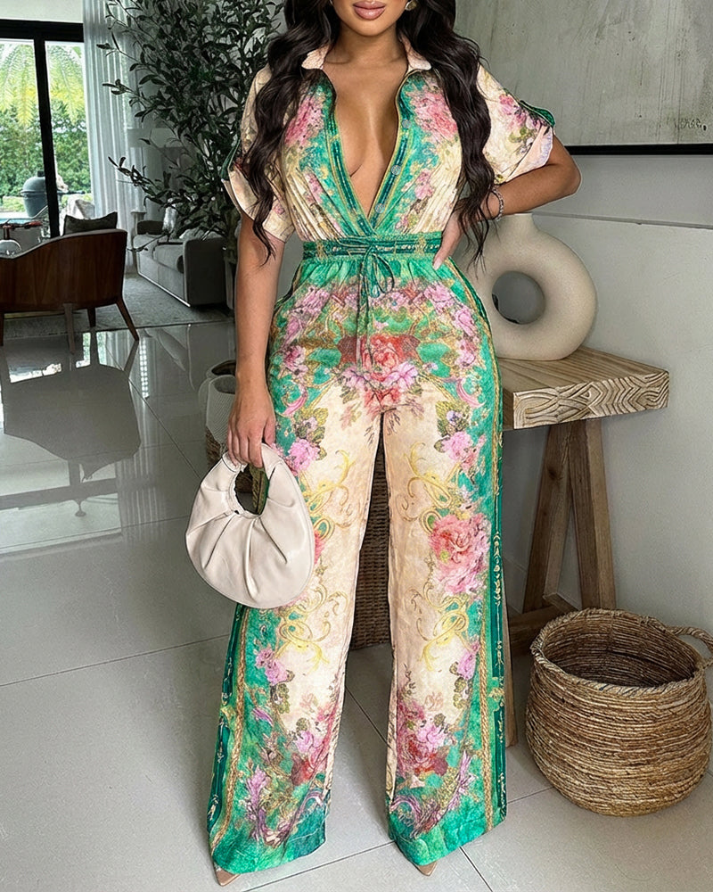 Stylish Floral Print Casual Jumpsuit with Adjustable Straps & Pockets - Jamota