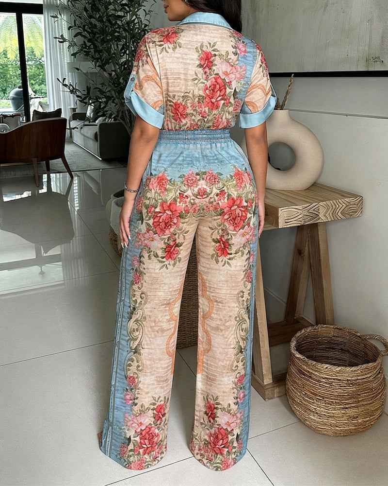 Elegant Floral Print Wide-Leg Jumpsuit with Adjustable Straps