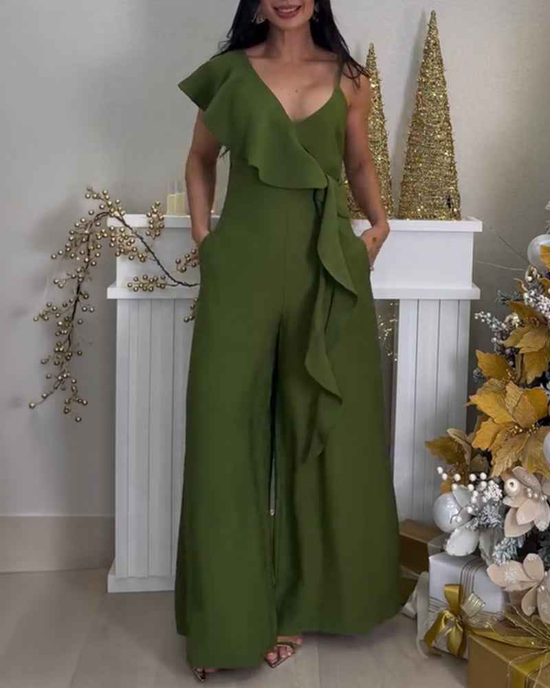 Violet Stylish Wide-Leg Jumpsuit with Pockets and Adjustable Straps - Jamota