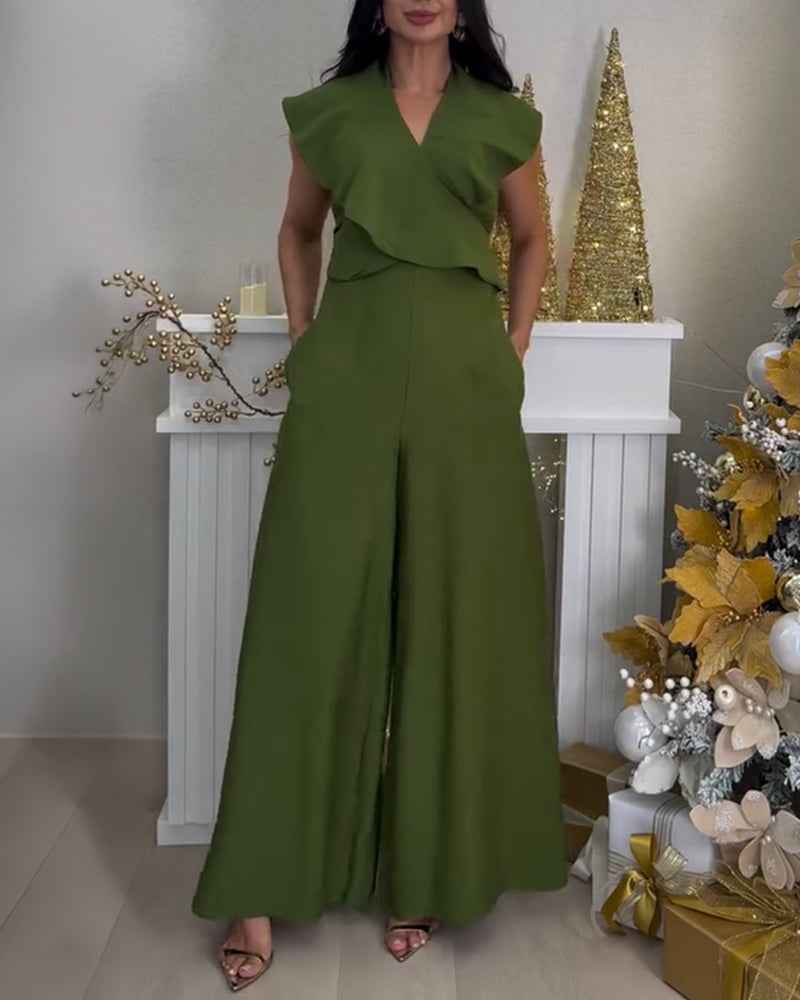 Violet Stylish Wide-Leg Jumpsuit with Pockets and Adjustable Straps - Jamota