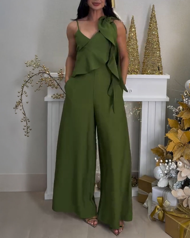 Violet Stylish Wide-Leg Jumpsuit with Pockets and Adjustable Straps - Jamota