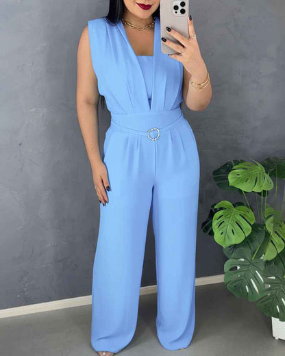 Elegant Chic Wide-Leg Jumpsuit with Pockets and Adjustable Straps - Jamota