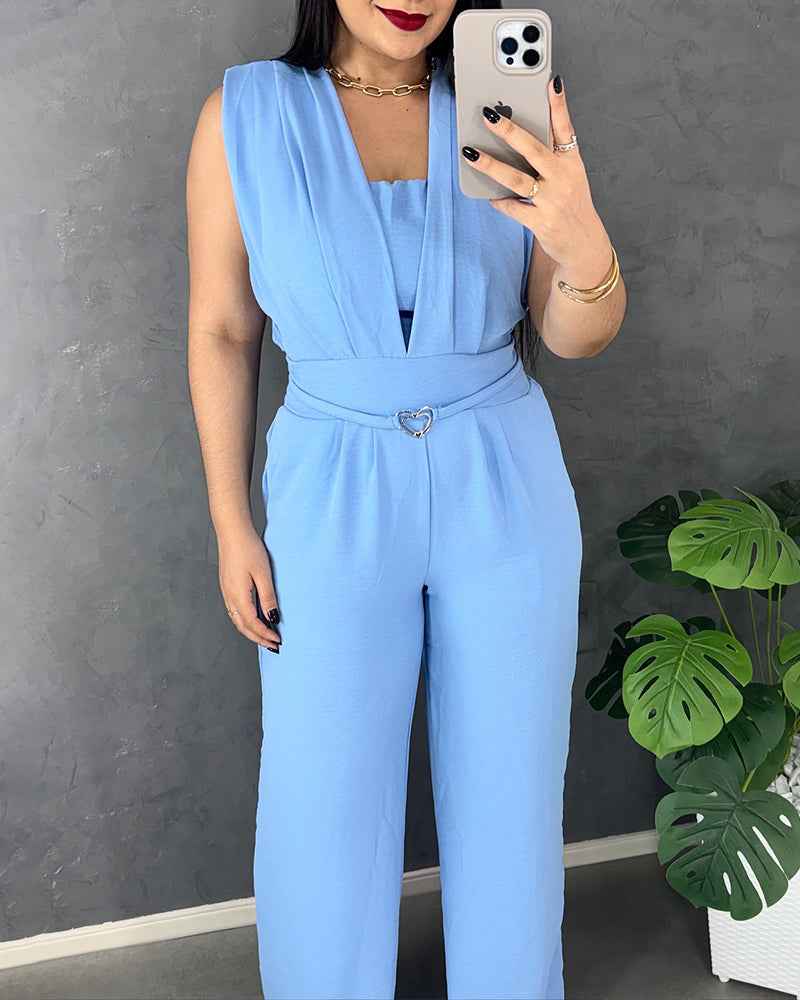 Elegant Chic Wide-Leg Jumpsuit with Pockets and Adjustable Straps - Jamota