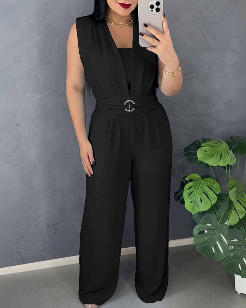 Elegant Chic Wide-Leg Jumpsuit with Pockets and Adjustable Straps - Jamota