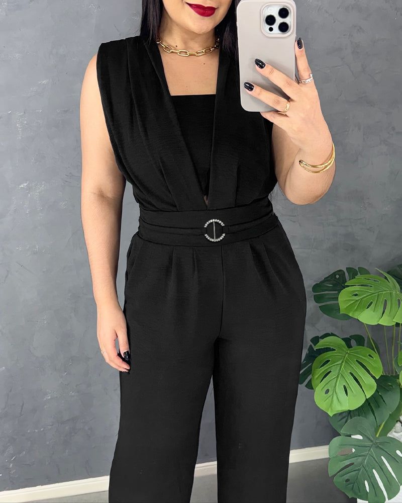 Elegant Chic Wide-Leg Jumpsuit with Pockets and Adjustable Straps - Jamota