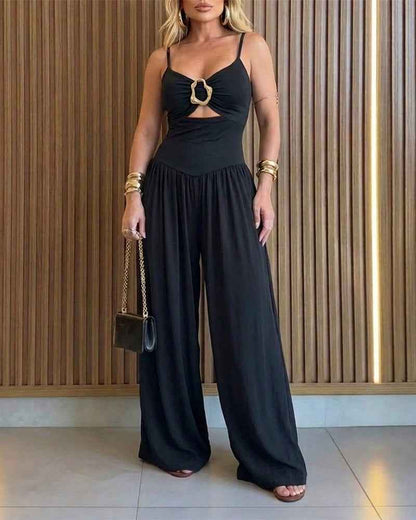 Elegant Gold Backless Wide-Leg Jumpsuit with Adjustable Straps
