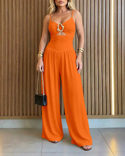 Elegant Gold Backless Wide-Leg Jumpsuit with Adjustable Straps