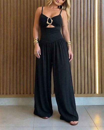 Elegant Gold Backless Wide-Leg Jumpsuit with Adjustable Straps
