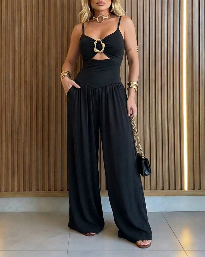 Elegant Gold Backless Wide-Leg Jumpsuit with Adjustable Straps