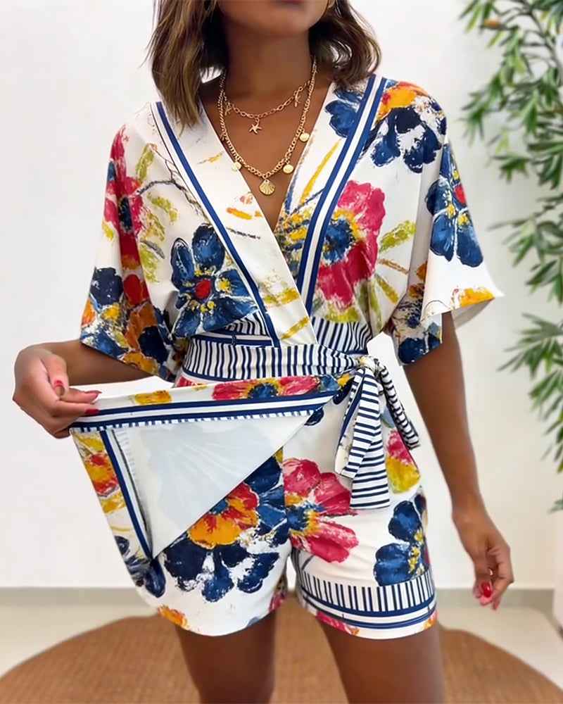 Elegant Floral Print Summer Romper with Adjustable Straps & Pockets