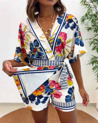 Elegant Floral Print Summer Romper with Adjustable Straps & Pockets