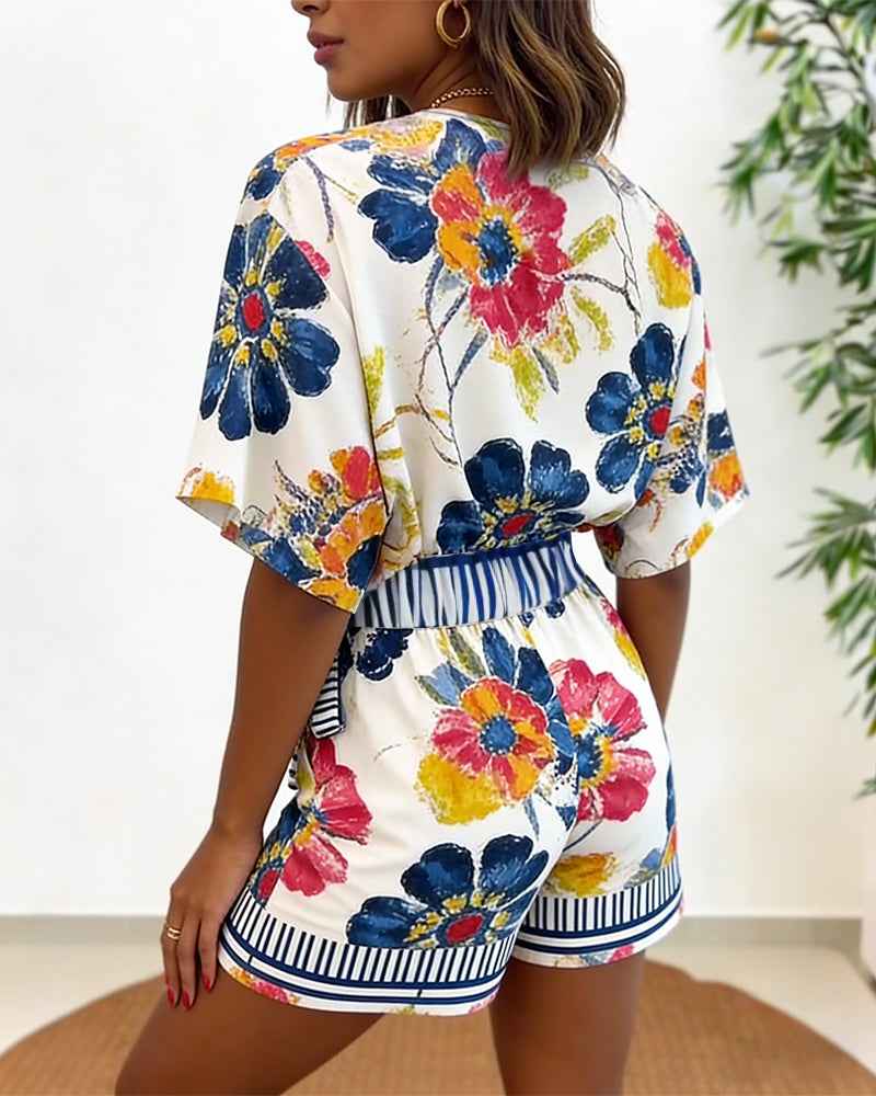Elegant Floral Print Summer Romper with Adjustable Straps & Pockets
