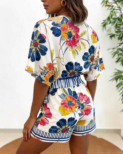 Elegant Floral Print Summer Romper with Adjustable Straps & Pockets
