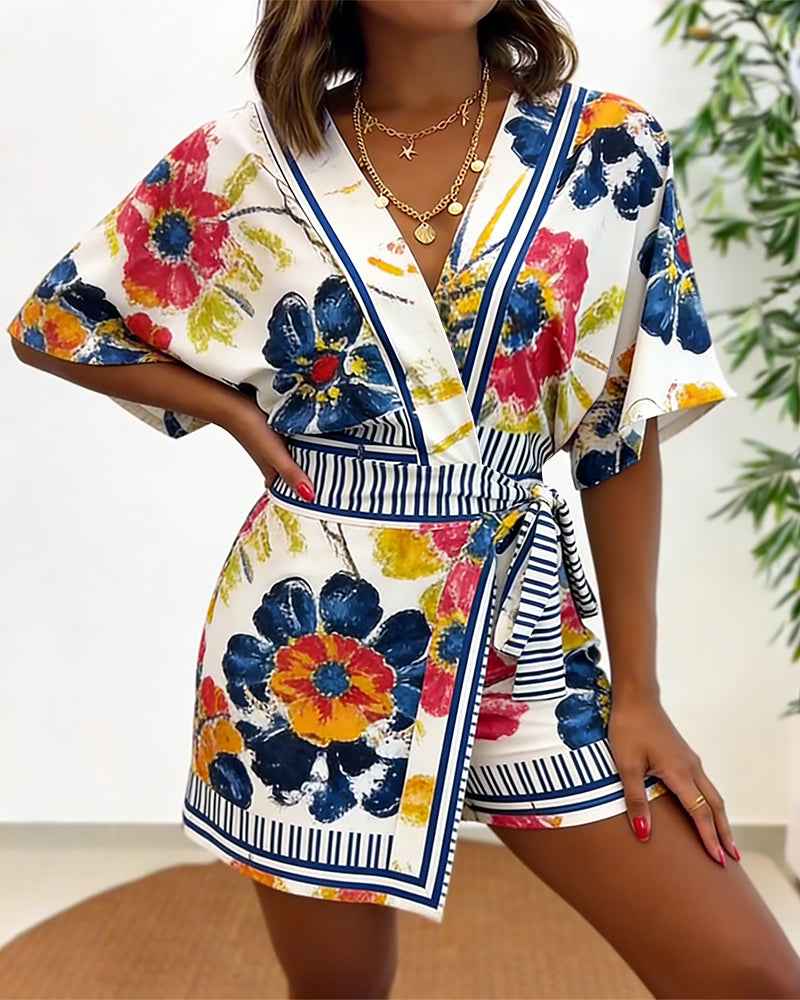 Elegant Floral Print Summer Romper with Adjustable Straps & Pockets